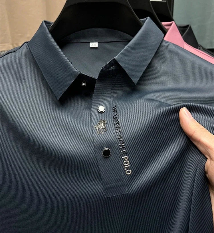 Marca high-end gelo seda manga curta camisa polo masculina
