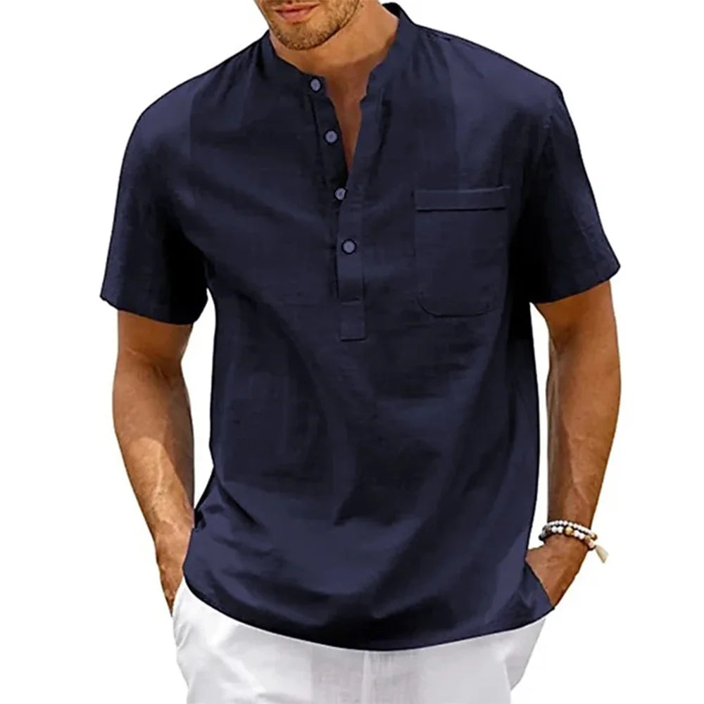 Camisa Masculina Henley de Linho com Algodão